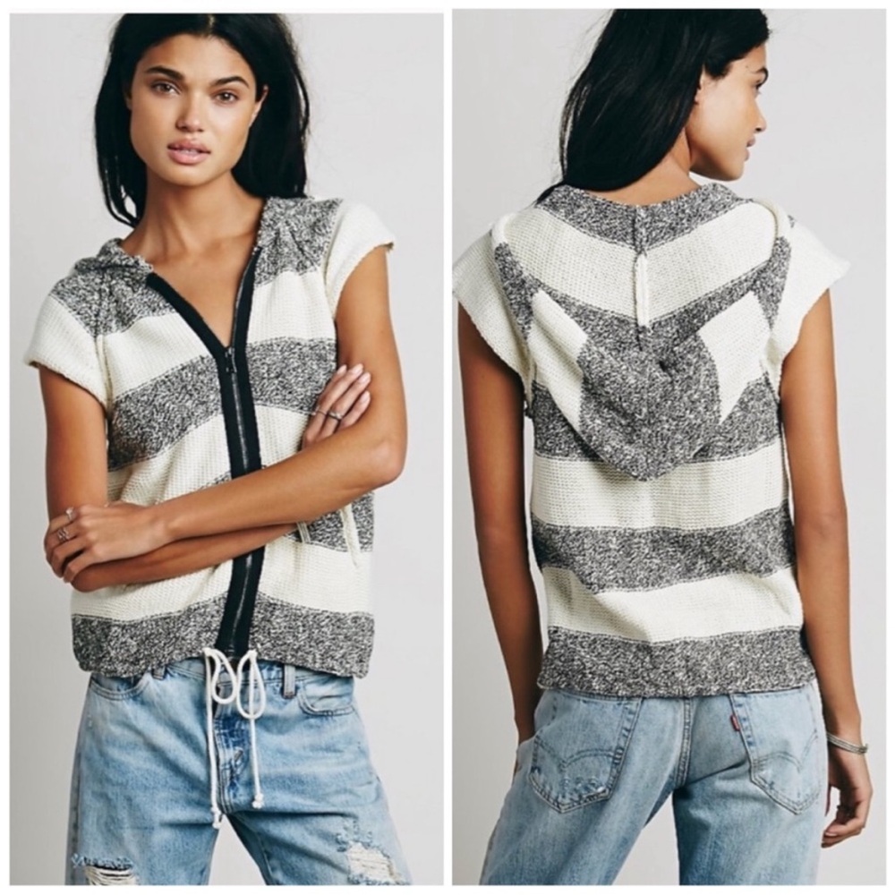 Free People Regatta Striped Hooded Zip Front Sweater Sleeveless Medium - Picture 6 of 12